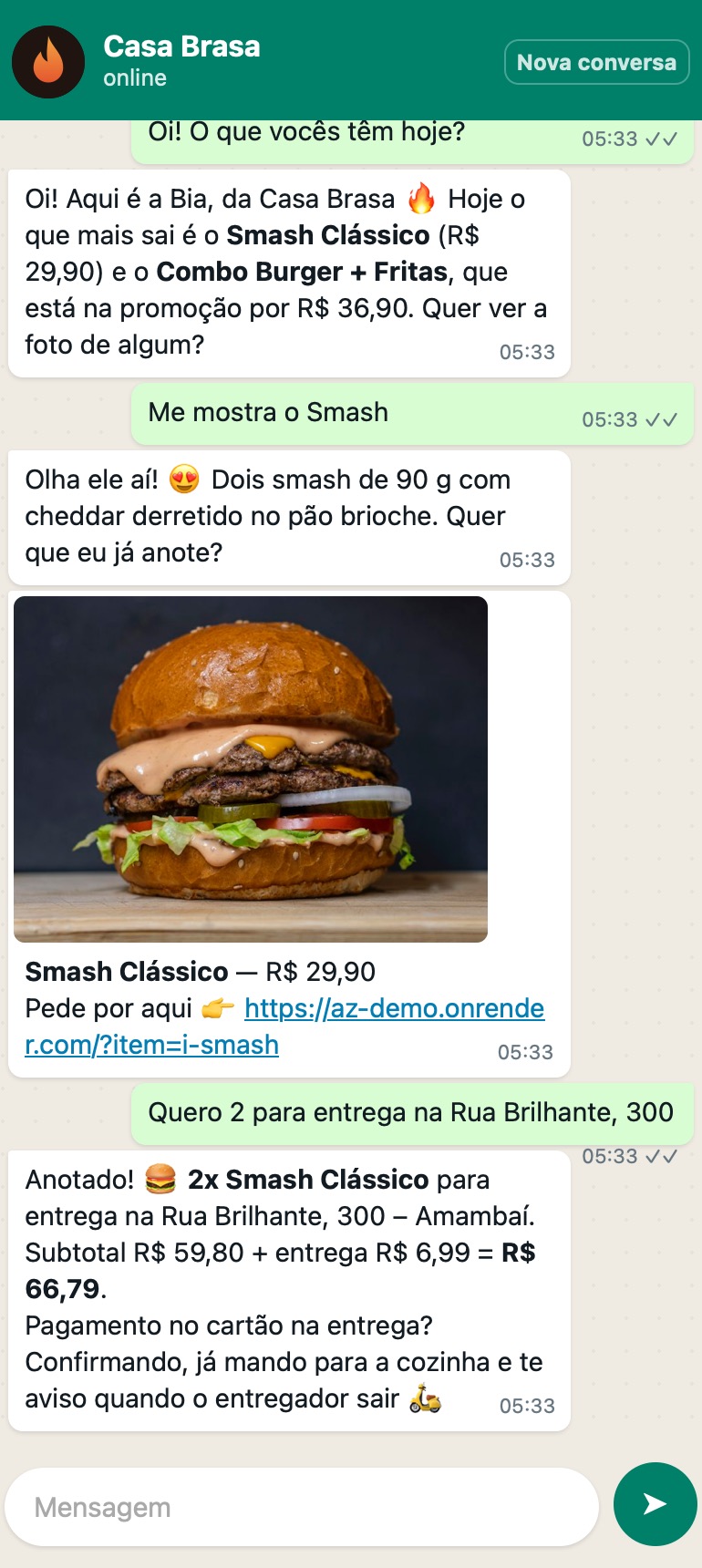 Atendente com IA no WhatsApp mandando a foto do prato com o link
